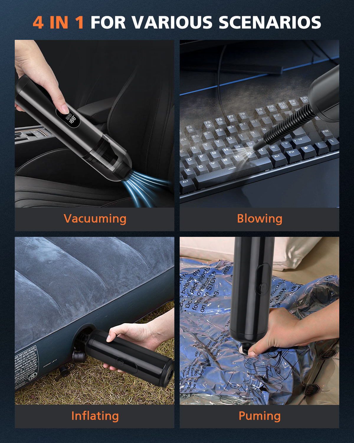 Novarhome Handheld Vacuum Cleaner Cordless - Mini Car Vacuum Cleaner for Cleaning, Blowing, Inflating & Pumping with LED Display & Light, Portable Mini Tool for Car, Home, Pet Hair, Office (Black)