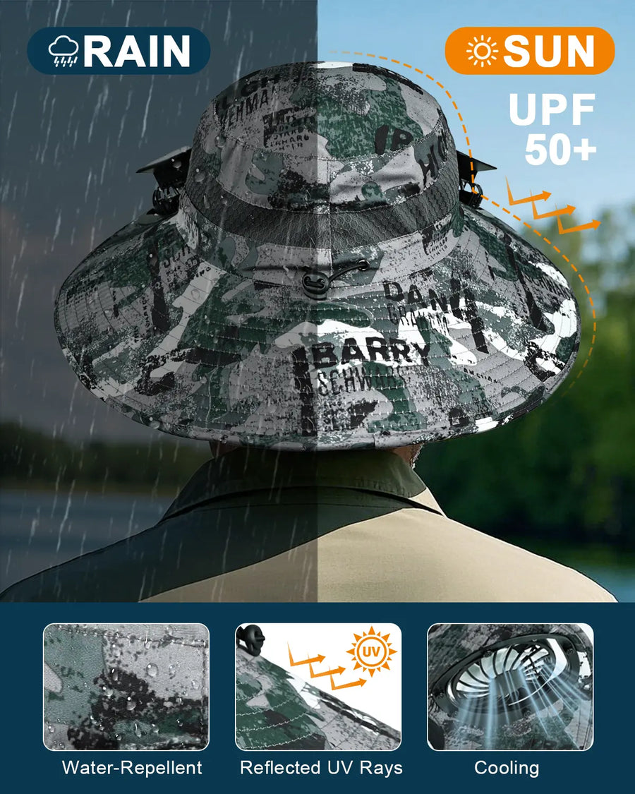 Novarhome Wide Brim Sun Hat with 2 Solar Fan, Solar & USB Charging, Sun Bucket Hat for Men Women, UPF 50+ Bucket Fishing & Beach Hat with Fan