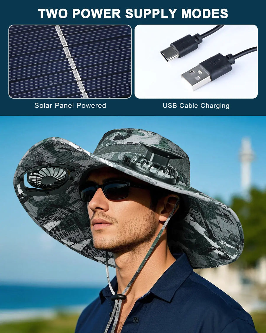 Novarhome Wide Brim Sun Hat with 2 Solar Fan, Solar & USB Charging, Sun Bucket Hat for Men Women, UPF 50+ Bucket Fishing & Beach Hat with Fan