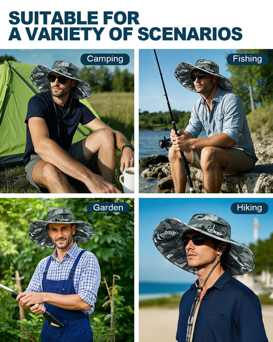 Novarhome Wide Brim Sun Hat with 2 Solar Fan, Solar & USB Charging, Sun Bucket Hat for Men Women, UPF 50+ Bucket Fishing & Beach Hat with Fan