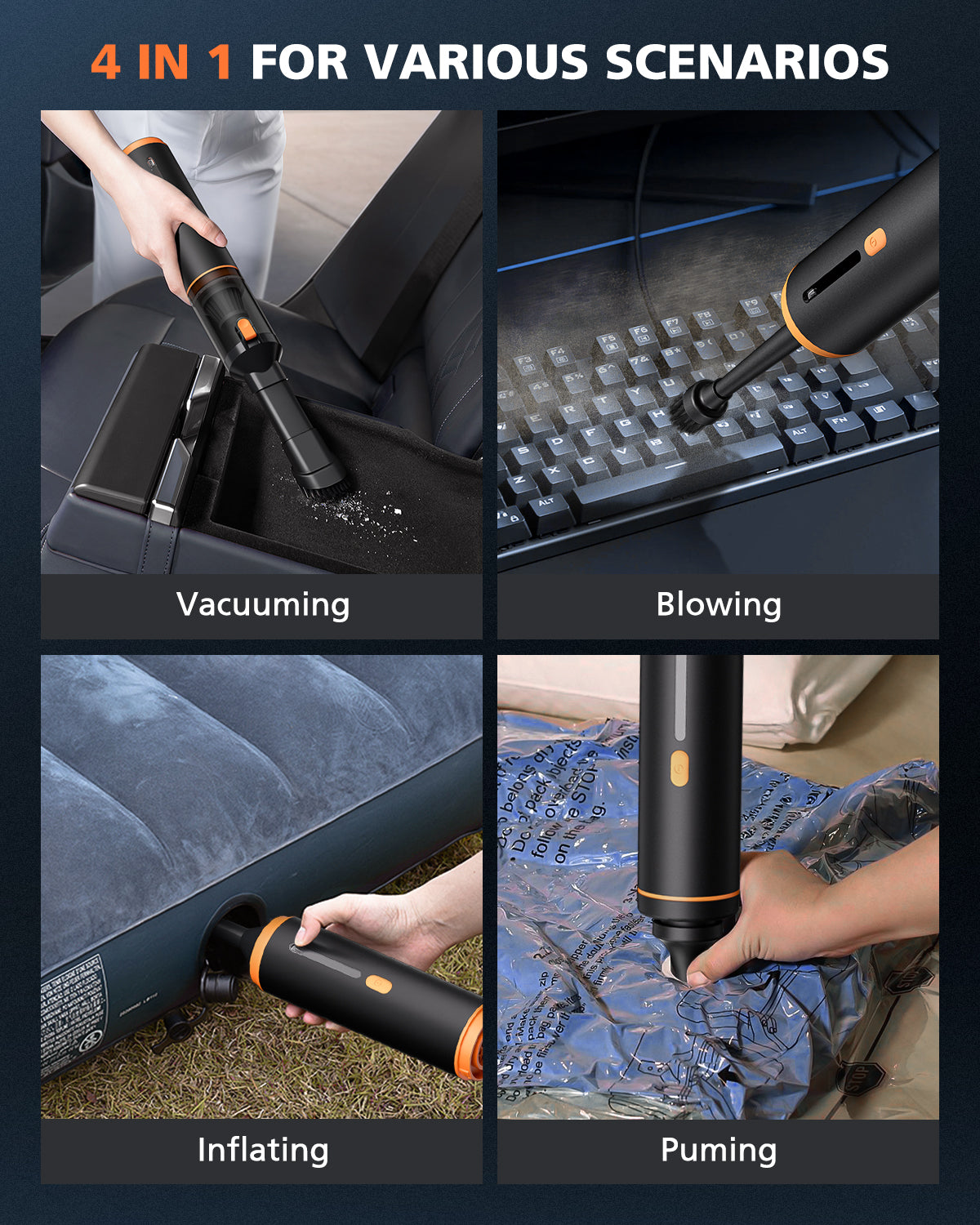 Novarhome Car Vacuum Portable with 16000Pa Powerful Suction, Handheld Vacuum Cordless Rechargeable Blow & Suction 4 in 1, Small Vacuum Cleaner for Car, Home, Office, Outdoor