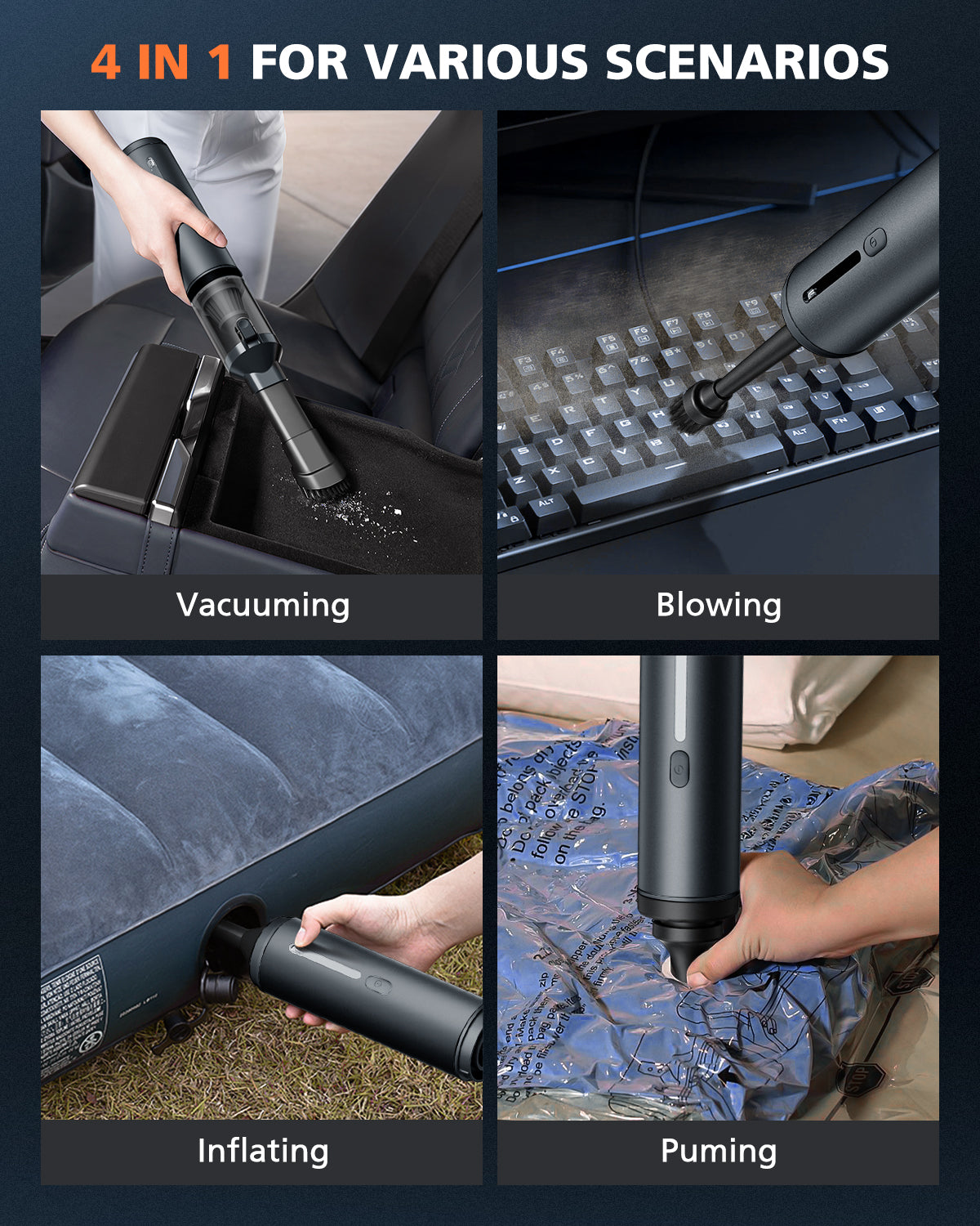 Novarhome Car Vacuum Portable with 16000Pa Powerful Suction, Handheld Vacuum Cordless Rechargeable Blow & Suction 4 in 1, Small Vacuum Cleaner for Car, Home, Office, Outdoor