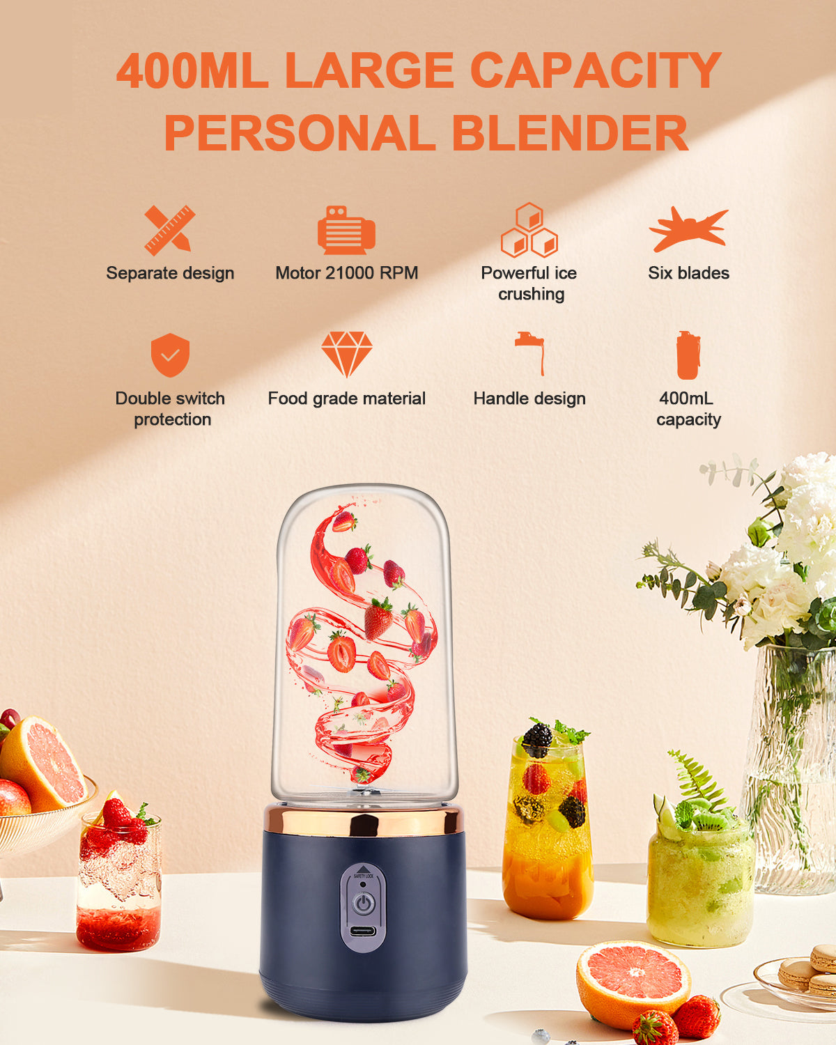 Novarhome Portable Personal Blender 13 OZ/400 ML Juicer, 40W Personal Size Blender, Ideal for Smoothies, Ice Blending, Juicing, and Food Processing, Compact, Convenient, and Versatile (Blue)