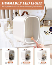 Novahome Mini Fridge for Bedroom, 4 Liter/6 Can Skincare Fridge With LED Mirror for Drinks, Makeup, Dorm, Office and Car(White)