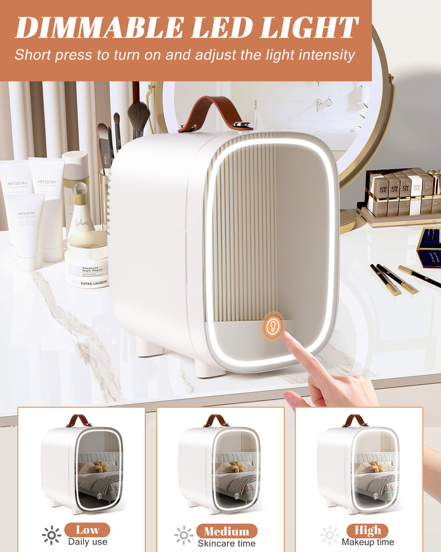 Novahome Mini Fridge for Bedroom, 4 Liter/6 Can Skincare Fridge With LED Mirror for Drinks, Makeup, Dorm, Office and Car(White)