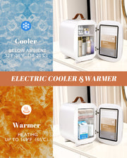 Novahome Mini Fridge for Bedroom, 4 Liter/6 Can Skincare Fridge With LED Mirror for Drinks, Makeup, Dorm, Office and Car(White)