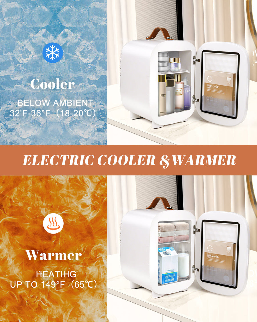 Novahome Mini Fridge for Bedroom, 4 Liter/6 Can Skincare Fridge With LED Mirror for Drinks, Makeup, Dorm, Office and Car(White)