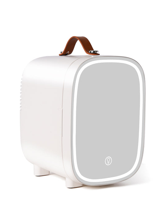 Novahome Mini Fridge for Bedroom, 4 Liter/6 Can Skincare Fridge With LED Mirror for Drinks, Makeup, Dorm, Office and Car(White)