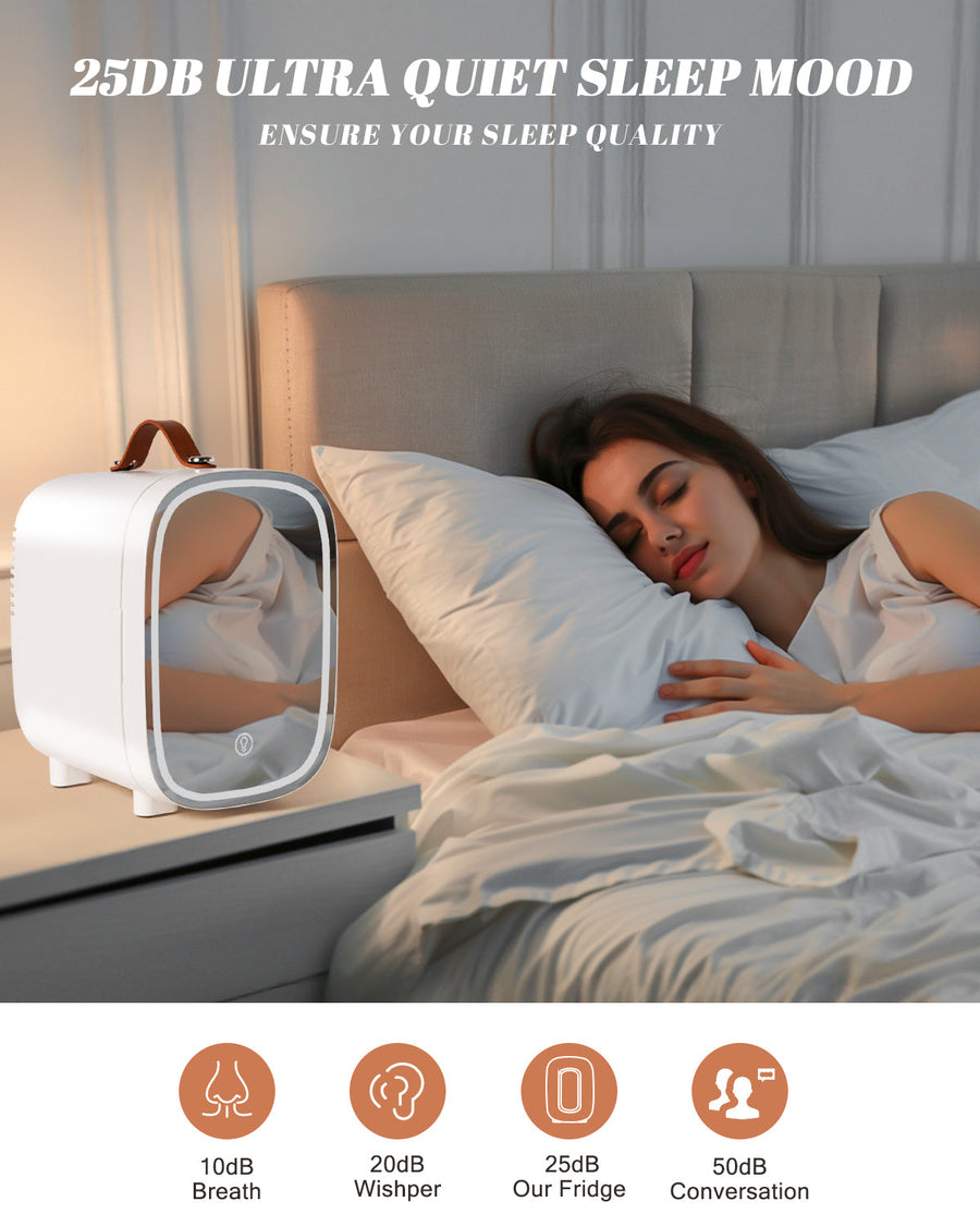 Novahome Mini Fridge for Bedroom, 4 Liter/6 Can Skincare Fridge With LED Mirror for Drinks, Makeup, Dorm, Office and Car(White)