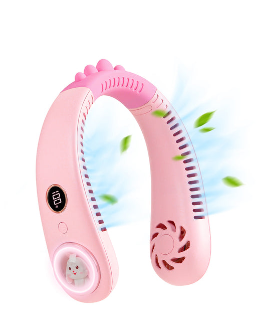 Novarhome Neck Fan for Kids,Bladeless Portable Fan Rechargeable for 4-14Y Girls & Boys, 2400mAh USB Personal Cooling Mini Fan Rechargeable for Travel/Disney/Camping, 3 Speeds, Summer Essentials(Pink)