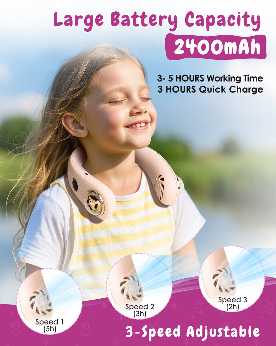 Novarhome Neck Fan for Kids,Bladeless Portable Fan Rechargeable for 4-14Y Girls & Boys, 2400mAh USB Personal Cooling Mini Fan Rechargeable for Travel/Disney/Camping, 3 Speeds, Summer Essentials