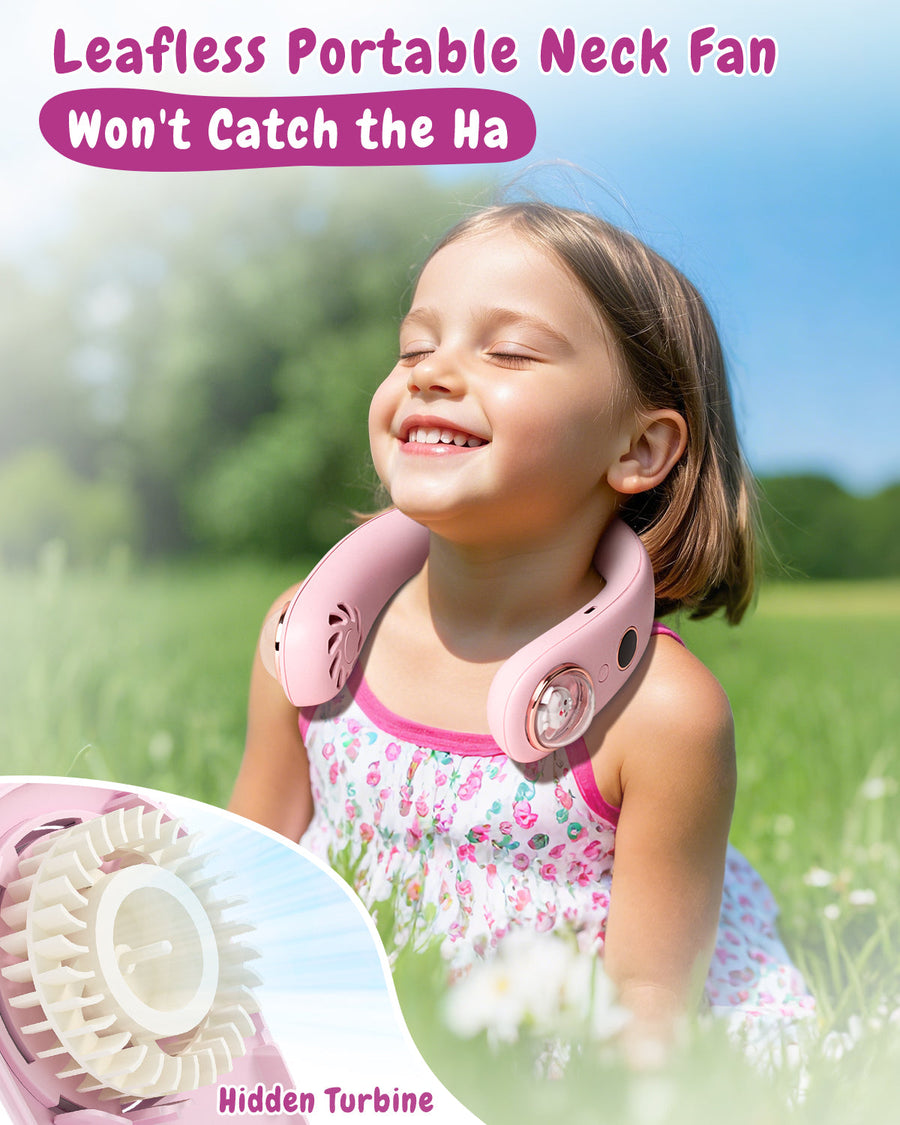 Novarhome Neck Fan for Kids,Bladeless Portable Fan Rechargeable for 4-14Y Girls & Boys, 2400mAh USB Personal Cooling Mini Fan Rechargeable for Travel/Disney/Camping, 3 Speeds, Summer Essentials