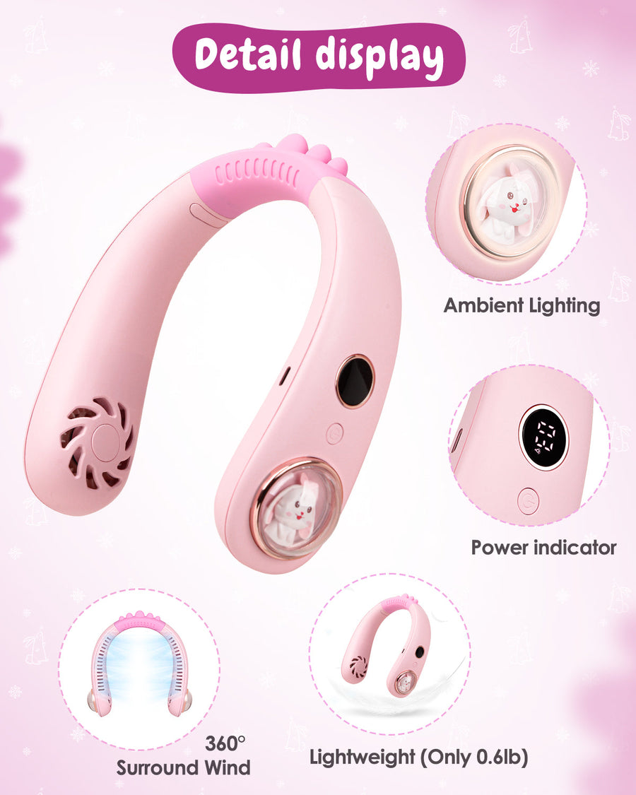 Novarhome Neck Fan for Kids,Bladeless Portable Fan Rechargeable for 4-14Y Girls & Boys, 2400mAh USB Personal Cooling Mini Fan Rechargeable for Travel/Disney/Camping, 3 Speeds, Summer Essentials