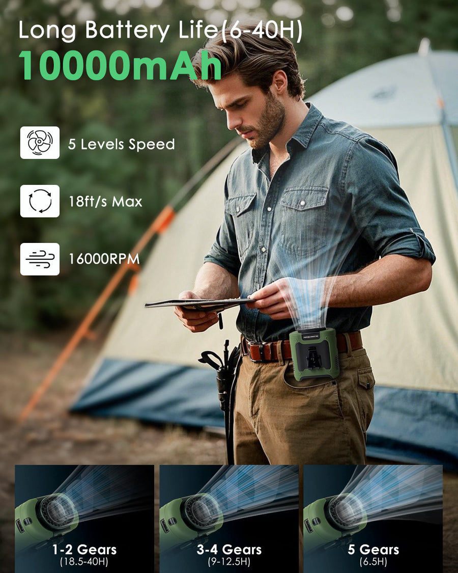 Novarhome Portable Waist Fan Clip on, Personal Wearable Belt Fan 10000mAh Rechargeable Battery Under Shirt,5 Speeds with Light, Neck Fan Hands-Free Cooling for Outdoor Camping Travel